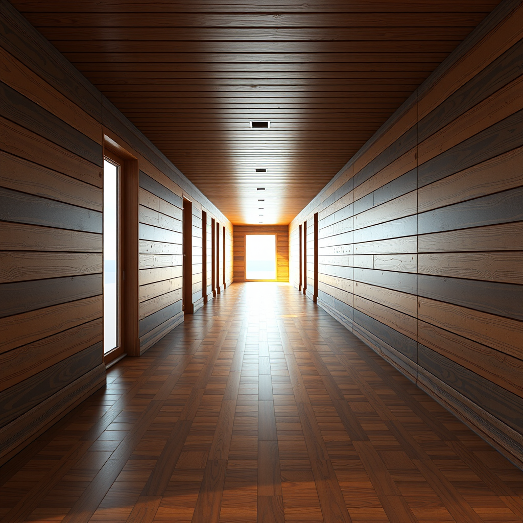Create a realistic 3D rendering of a long wooden corridor with a checkerboard floor, bright natural light streaming through an opening at the end, camera settings: f/8 aperture, 1/60s shutter speed, ISO 200, camera view: wide-angle perspective, camera style: photorealistic, camera type: DSLR.