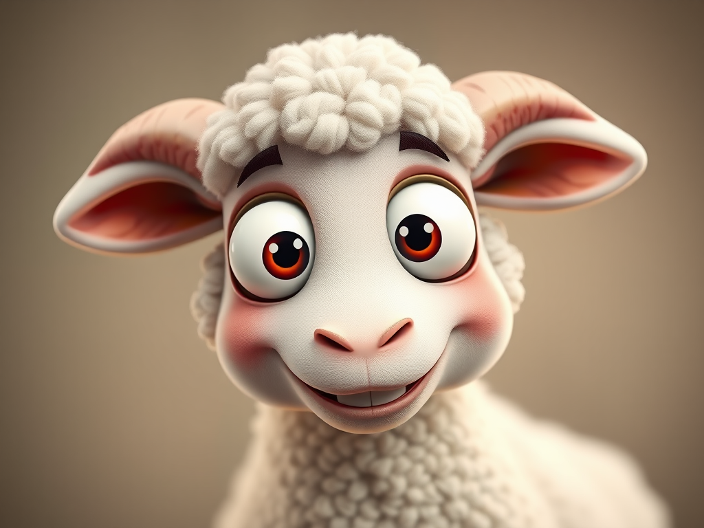 Create a high-quality cartoon image of a smiling sheep with oversized eyes, using a 50mm lens on a DSLR camera, f/2.8 aperture, ISO 100, soft focus background, vibrant colors, and bright lighting.