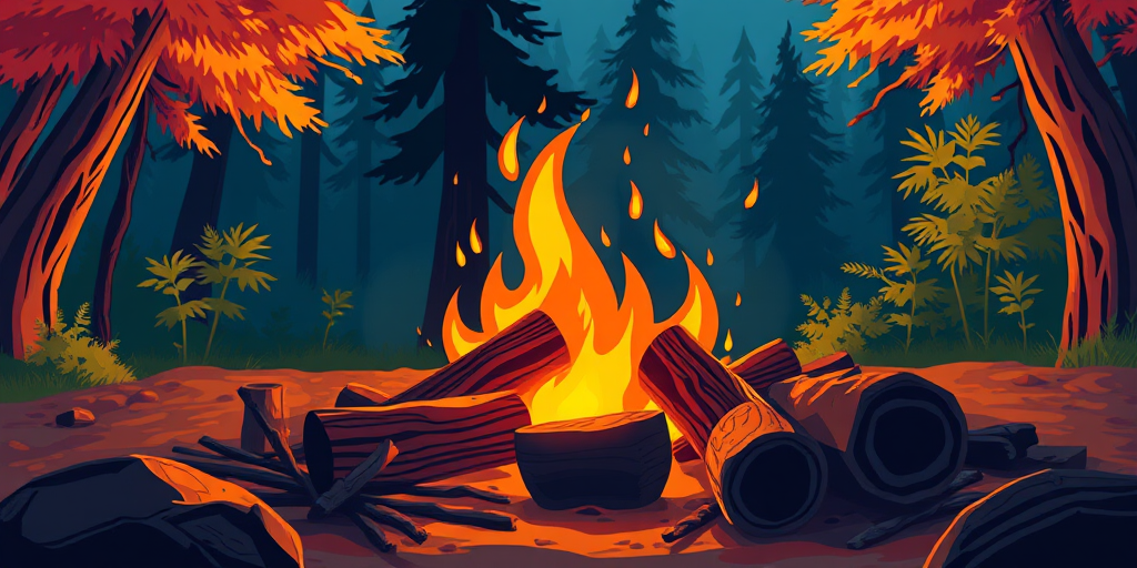 Create a vibrant and stylized illustration of a campfire with bright orange and yellow flames, surrounded by detailed logs, using a digital art style, with a view from a low angle to emphasize height, settings for high saturation, soft lighting, and a focus on texture for enhanced quality.