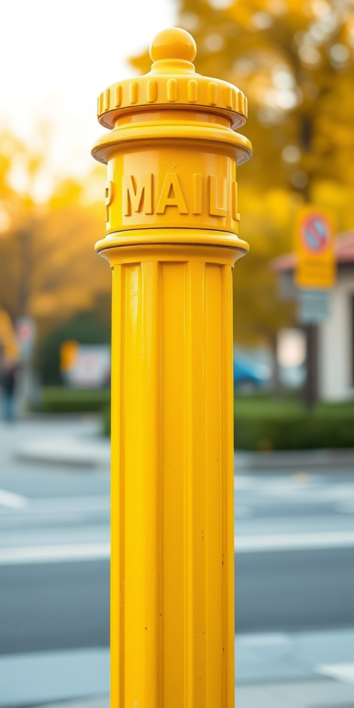 Create a high-resolution 3D render of a yellow mail post with a cylindrical shape, using a Canon EOS R5 camera with a 50mm f/1.2 lens, aperture set to f/8, shooting from a low-angle perspective to emphasize the height and detail, and utilize soft diffused lighting for a clean look.