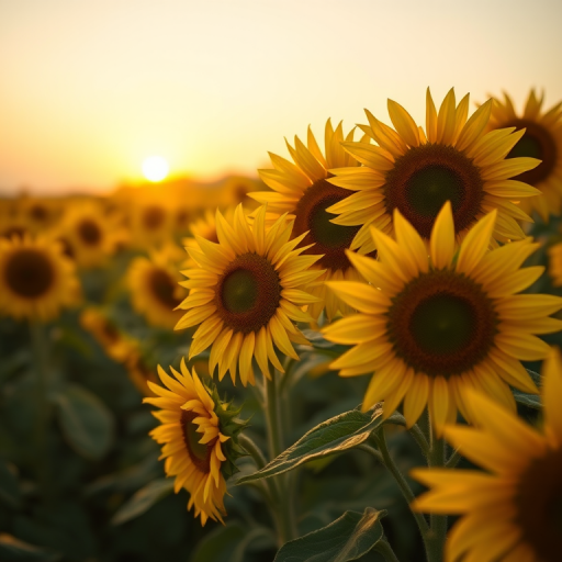 wide shot of a vibrant sunflower field in full bloom during golden hour, f/2.8 aperture, ISO 100, shutter speed 1/500s, using a Canon EOS R5 with a 50mm lens, shallow depth of field to enhance the richness of yellow petals and soft background blur.