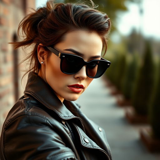 Outdoor shot, stunning female model, vintage leather jacket, sunglasses, cinematic effect, Position the camera at the model’s eye level using a 35mm f/1.4 lens