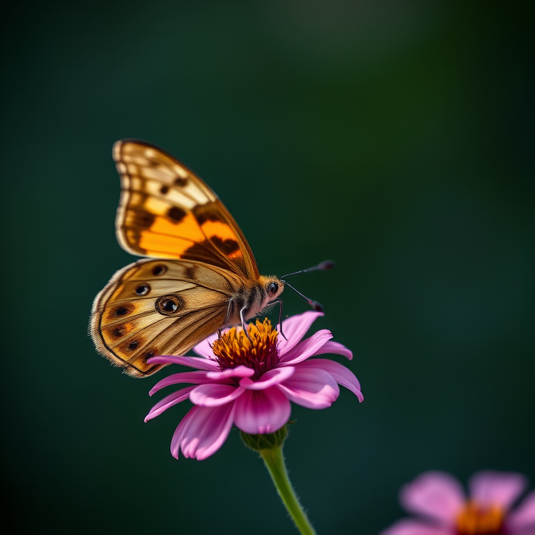 macro shot of a butterfly perched on a pink flower with a blurred dark background, aperture f/2.8, shutter speed 1/200s, ISO 100, 100mm lens, natural light, soft focus style, DSLR camera