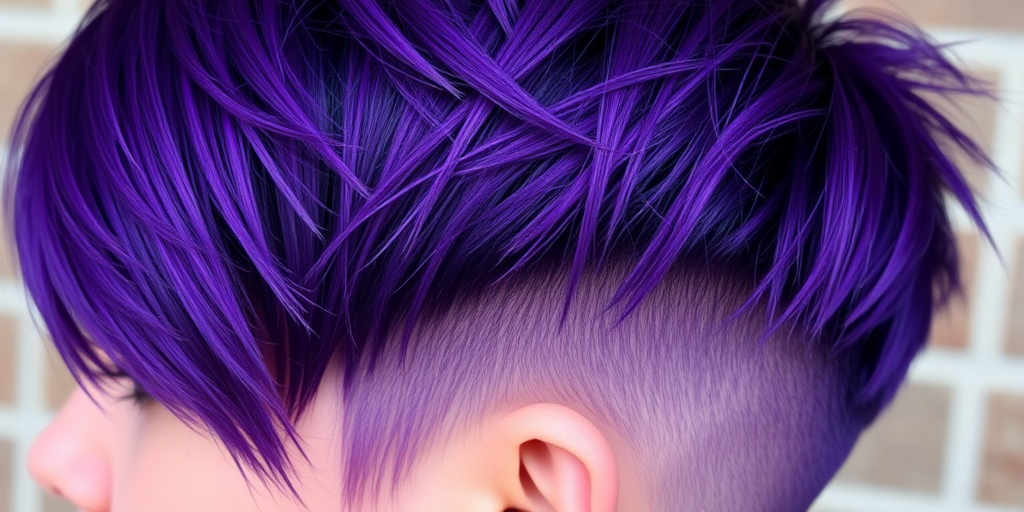 Bold close-up features Vibrant Violet pixie cut, rich purple hue with darker plum lowlights, styled in a textured and spiky fashion with shaved sides