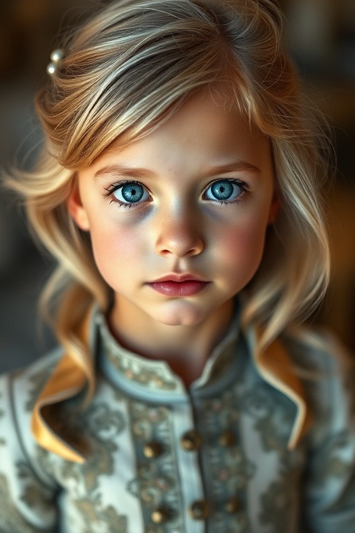 portrait of a young girl with blonde hair and striking blue eyes, wearing a detailed elegant outfit, soft natural lighting, shallow depth of field, 85mm f/1.4 lens, ISO 100, 1/200 sec, taken from eye level, DSLR camera