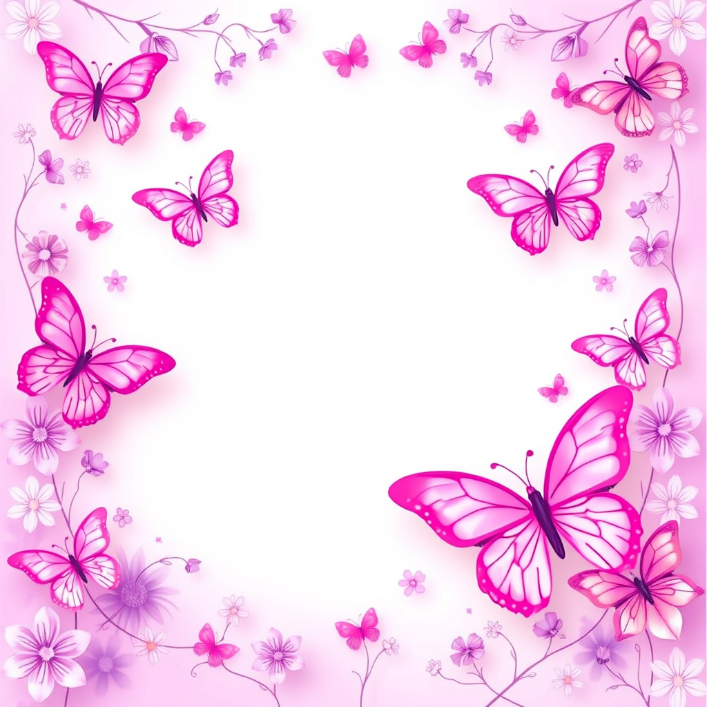Create a vibrant and whimsical border design featuring various butterflies in shades of pink and purple. The center should be left blank for text, while the butterfly motifs should be delicately arranged in the corners and along the edges, creating a soft, inviting atmosphere. Include subtle floral elements in the background to enhance the overall aesthetic.