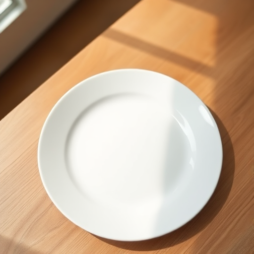 A minimalist white plate placed on a wooden table with soft natural lighting, DSLR camera, 50mm lens, aperture f/2.8, ISO 100, shot from a top-down view, shallow depth of field to softly blur the background.