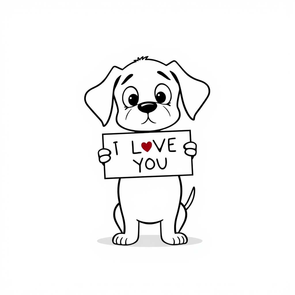 A minimalist cartoon of a PUPPY standing on a blank white background, holding a sign that simply says, 'I LOVE YOU.' The puppy is drawn with just a few lines: big eyes, whiskers, floppy ears, and a straight tail, giving it a comically desperate expression.