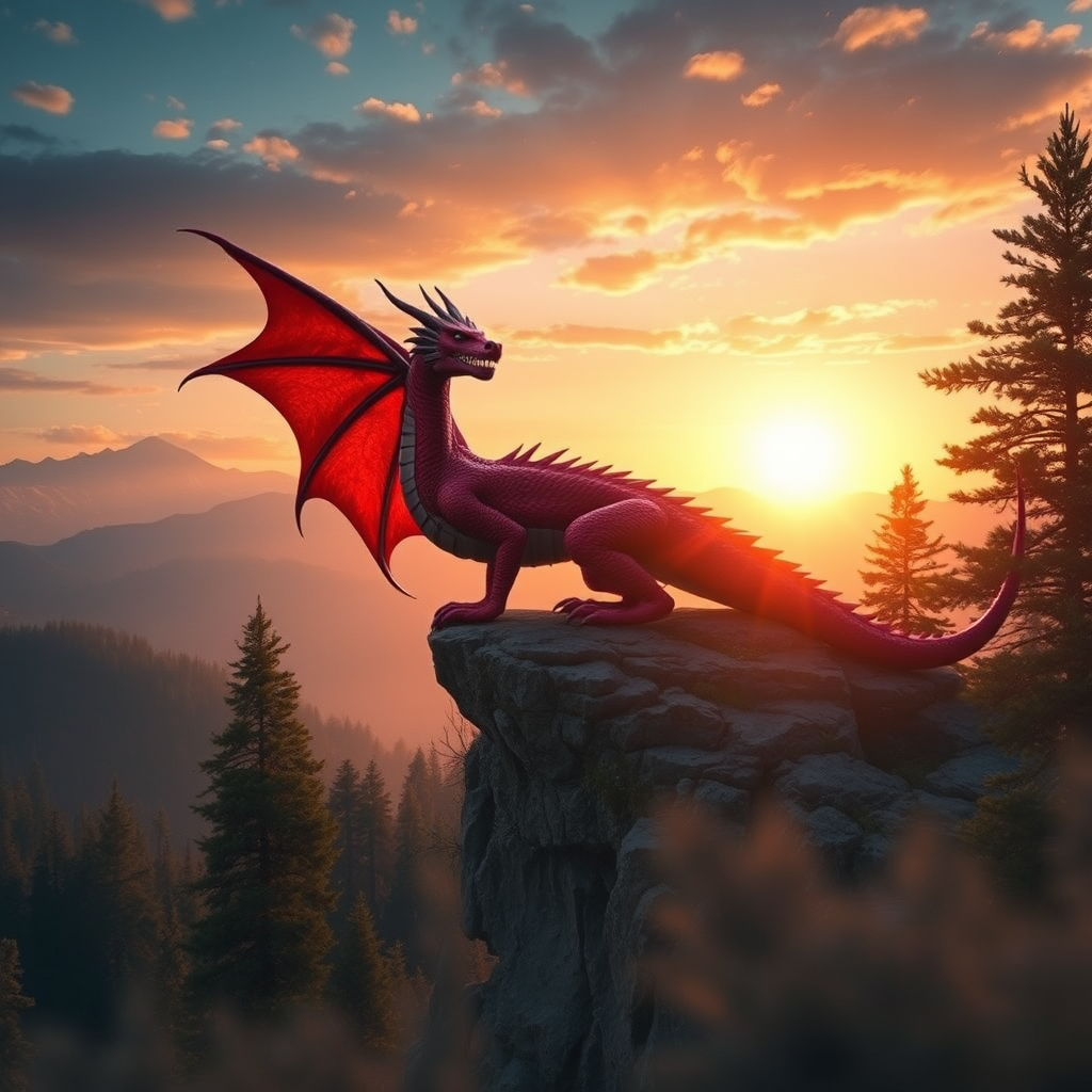 Create a high-resolution fantasy landscape featuring a majestic red dragon perched on a rocky cliff surrounded by towering pine trees and distant mountains, with a warm sunset glow illuminating the scene, using a DSLR camera at 50mm, f/4 aperture, ISO 100, and a soft focus effect for a dreamy atmosphere.
