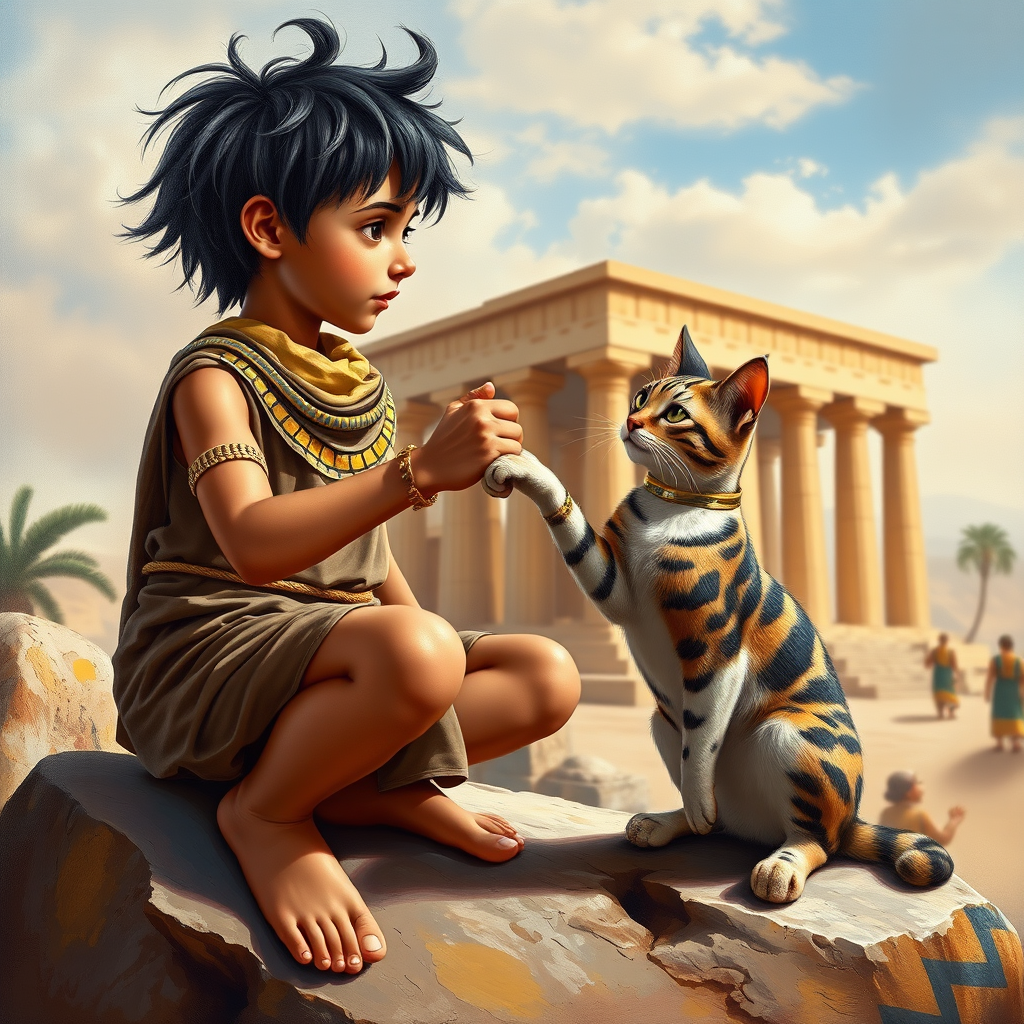 Airbrush, whimsical, glossy oil painting, hyper realism of an Ancient Egyptian boy with black messy short hair, wearing an Ancient Egyptian outfit, bare feet, sitting on a stone in front of a temple, fist bumping with his Ancient Egyptian cat, the boy and the cat looking to each other proudly.
