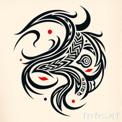 Tribal tattoo "Ancient Echoes" featuring bold, sweeping black lines and intricate patterns inspired by Polynesian and Maori designs, with subtle red accents for added depth and contrast