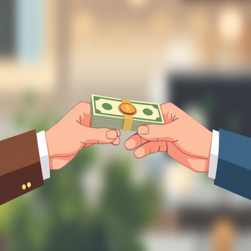 Create an illustration of two hands exchanging money, featuring a stack of cash and a coin, in a flat design style, using a shallow depth of field with a blurred background, captured with a DSLR camera at f/2.8, 50mm lens, ISO 100, 1/125 sec exposure.