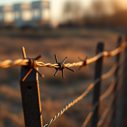 Create a highly detailed image of a barbed wire fence with realistic textures, using a DSLR camera, 50mm lens, aperture f/2.8, ISO 100, shot at eye level during golden hour for enhanced lighting and shadows.