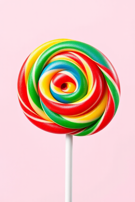 Create a colorful, high-resolution image of a spiral lollipop with vibrant swirls of red, green, blue, and yellow against a plain background using a DSLR camera, aperture f/2.8, shutter speed 1/125s, ISO 100, and a 50mm lens to emphasize detail and brightness.