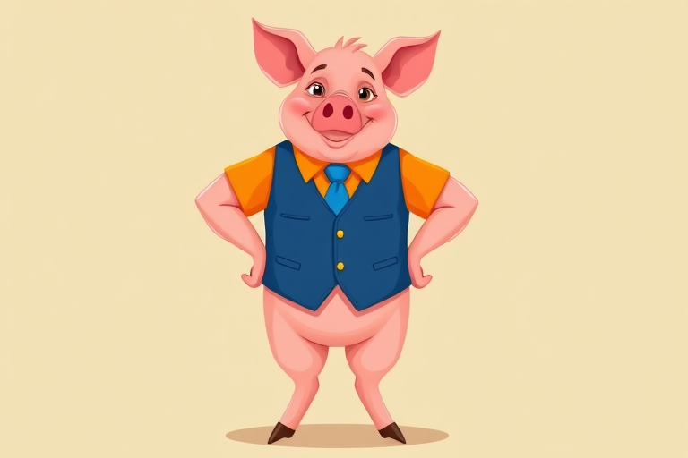 Create a digital illustration of a cartoon pig character wearing a blue vest, orange shirt, and tie, standing confidently with hands on hips, in a vibrant color palette, captured with a Canon EOS R5, 35mm lens, f/4 aperture, 1/200s shutter speed, in a flat design style, ensuring high clarity and detail.