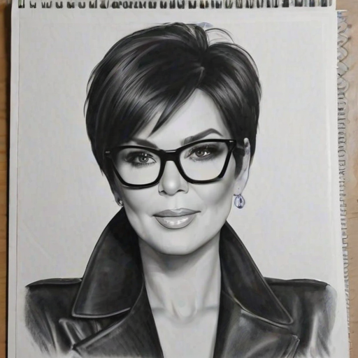 Radiant Kris Jenner, pencil sketch, portrait of Lovely woman 1973s in glasses, hair style beatnik, outline, clear lines, fine lines, 8k