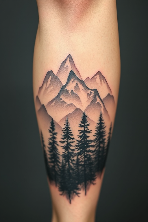 Ethereal dotwork forest landscape tattoo with misty mountains and towering pine trees, gradually fading into the skin with meticulous stippling technique, wrapping around the calf muscle