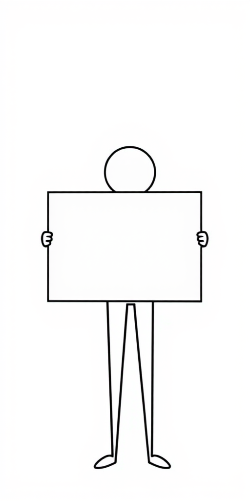 Create an illustration of a minimalist stick figure holding a blank rectangular sign in a thought bubble style, with a smooth vector graphic aesthetic, shot using a Canon EOS R with a 50mm lens at f/2.8, ISO 100, in bright natural light, with a clean white background for enhanced clarity.