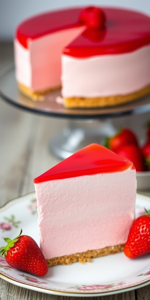 A slice of strawberry mousse cake on a decorative plate with a whole strawberry beside it and a blurred background of the cake on a stand. The cake has a smooth pink mousse layer and a glossy red jelly topping.