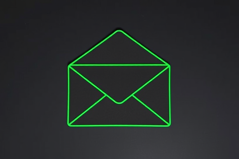 Create an image of a green outlined envelope on a plain black background, using a DSLR camera with a 50mm lens, aperture set to f/2.8, ISO 100, and a shallow depth of field for a soft background blur.