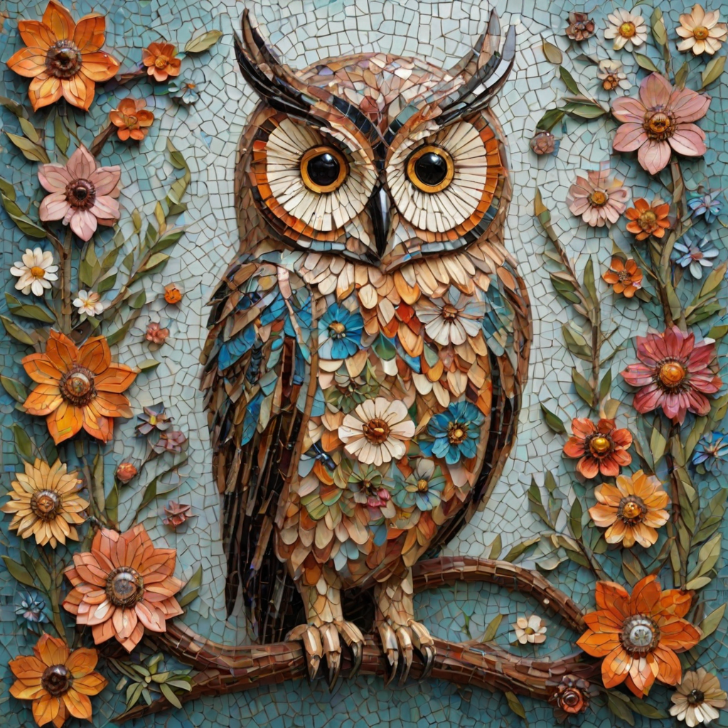 A mosaic of floral owls, one owl intricately composed of individual flower blossoms. The design showcases a delicate balance of nature and form, where the feathers of the owls are replaced by vibrant petals and blooms. The overall appearance is whimsical yet detailed, with each floral element contributing to the intricate patterns of the owl’s body. The artwork embraces a raw, organic style, with natural hues and soft textures, creating a harmonious blend of flora and fauna. The mosaic arrangement adds depth and visual intrigue to the piece, evoking a sense of wonder and artistic beauty.