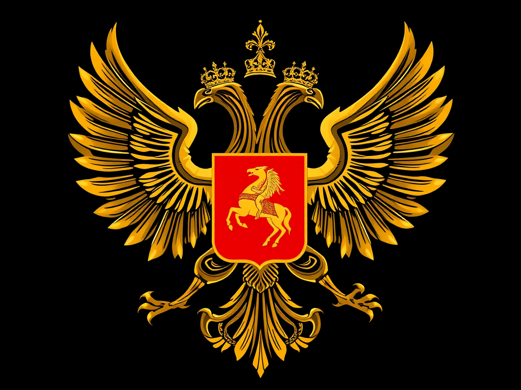 Create a highly detailed vector illustration of the Russian coat of arms featuring a double-headed eagle with intricate feathers, a shield depicting a knight on horseback, surrounded by royal crowns, in a high-resolution setting, using a Canon EOS R5 camera with a 50mm f/1.2 lens, at f/8, ISO 100, and a 1/200s shutter speed, captured in a centered view with a clean black background to enhance the gold and red colors.