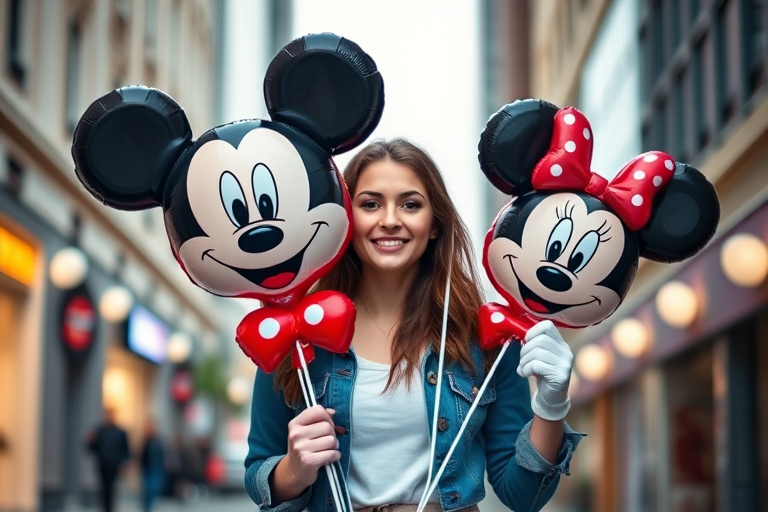 Create an image of a woman holding colorful Mickey and Minnie Mouse balloons in an urban setting, shot with a DSLR camera at f/2.8 aperture, 50mm lens, ISO 200, natural lighting, focusing on the subject with a shallow depth of field to blur the background.