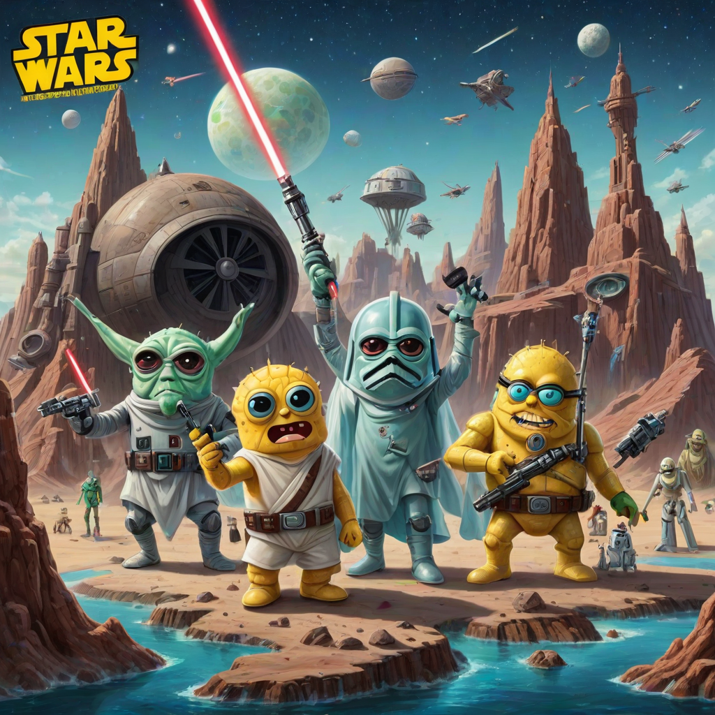Create a parody of the Star Wars poster with SpongeBob as Luke Skywalker, holding a glowing spatula like a lightsaber. Patrick Star takes the role of Han Solo, holding a blaster, while Squidward is Obi-Wan Kenobi, draped in robes. In the background, Plankton appears as Darth Vader, with Bikini Bottom’s landmarks reimagined as spaceships and planets. The iconic Star Wars logo is swapped for "Sponge Wars," creating a playful, sci-fi adventure scene.