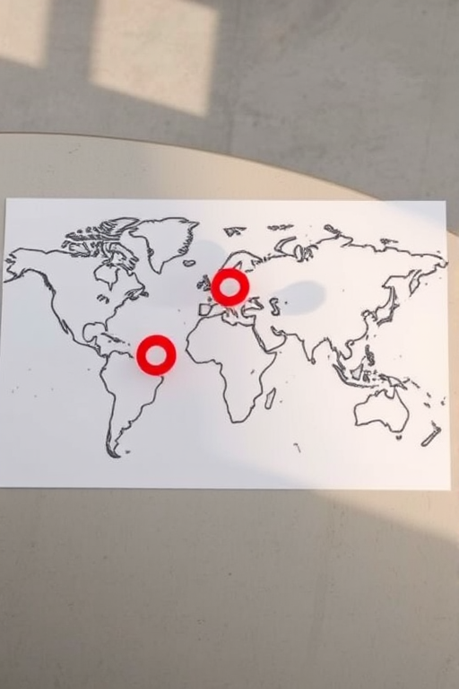 Create a high-resolution image of a stylized world map on a flat surface with three prominent location markers in red and white, using a DSLR camera with a 50mm lens, aperture f/1.8, ISO 100, shooting from a top-down view with soft natural lighting.