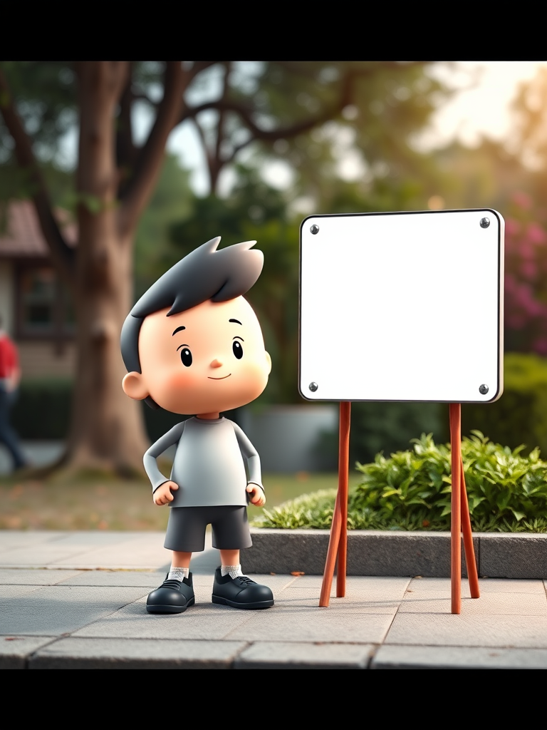 Create a high-resolution image of a cartoon character standing next to a blank sign, using a DSLR camera with a 50mm lens, aperture set to f/2.8, ISO 100, and a soft focus background to enhance clarity and vibrancy.