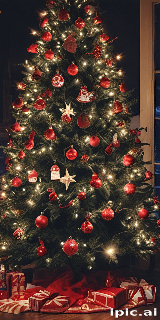 Beautifully Decorated Christmas Tree Glowing with Lights and Red Ornaments