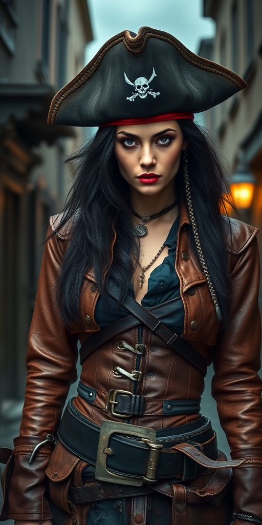 Create a portrait of a fierce female pirate. She wears a leather tricorn hat adorned with a skull and crossbones emblem, and her long, dark hair flows around her face. Her outfit consists of a richly detailed leather jacket, a corset, and multiple layers of belts and accessories, giving her a formidable and stylish appearance. She stands confidently in a dimly lit, historic port town, with a backdrop of weathered buildings and cobblestone streets, capturing the adventurous spirit of a pirate.