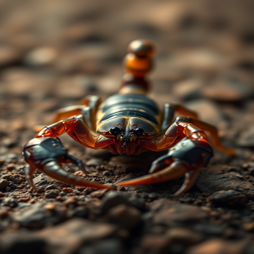 Generate a high-quality vector illustration of a scorpion in a dynamic pose, camera settings: ISO 100, aperture f/8, shutter speed 1/250s, camera view: close-up, camera style: realistic, camera type: DSLR.