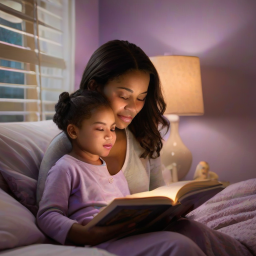 Warm, softly lit image of a mother reading a bedtime story to her child in a cozy bedroom, soft glow from a nearby lamp casting a warm light on their faces, the smell of lavender in the air, the child's eyes slowly closing as they drift off to sleep.