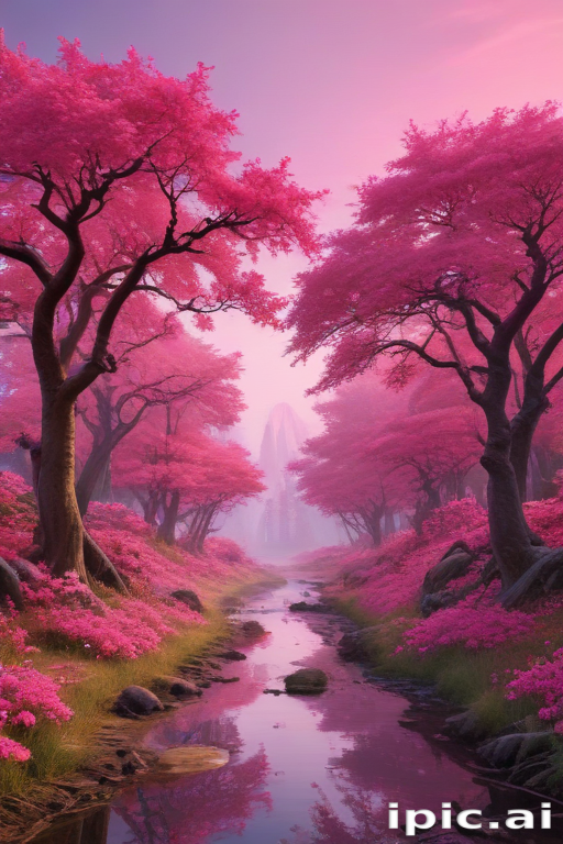 Serene Landscape of Pink Cherry Blossom Trees by a Tranquil Stream