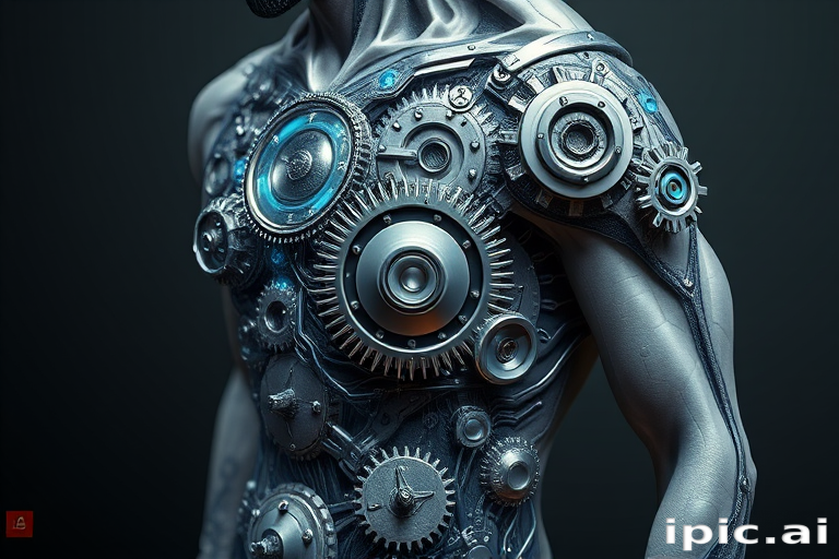 Realistic 3D biomechanical tattoo titled "Cybernetic Fusion" depicting hyper-detailed mechanical gears and circuits seamlessly blending with human anatomy using shades of metallic silver and electric blue