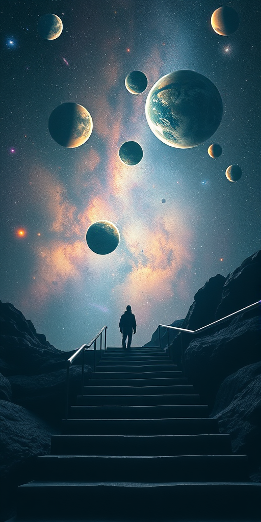 a person standing on stairs leading to a cosmic scene with planets and galaxies, wide-angle view, 24mm lens, f/2.8 aperture, ISO 100, shot on a full-frame DSLR, high dynamic range imaging, vibrant colors and deep contrast