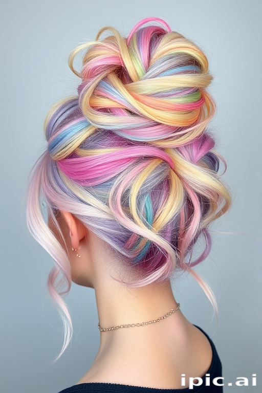 Whimsical pastel rainbow unicorn hair styled in a high messy bun with wispy tendrils, showcasing a kaleidoscope of soft hues blending seamlessly