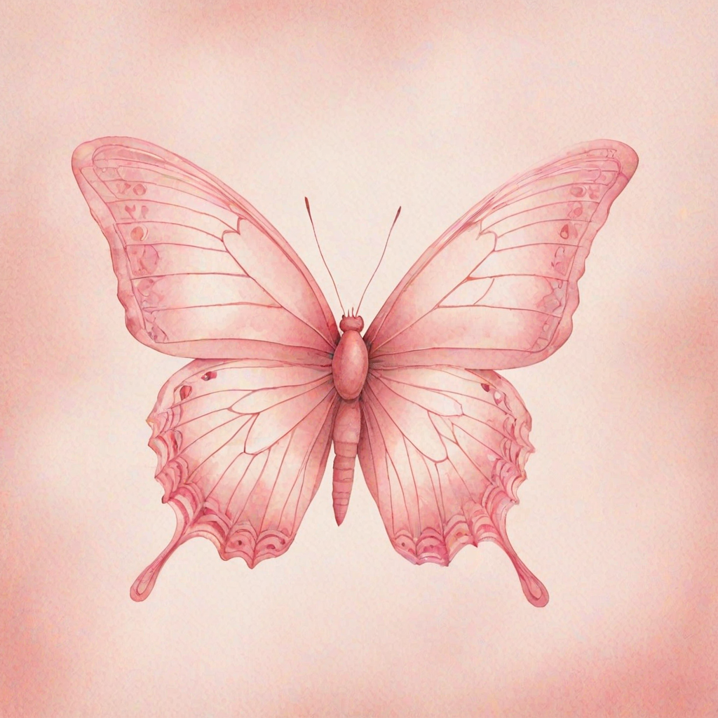 Create a watercolor illustration of a delicate pink butterfly with soft gradient wings, showcasing shades of light pink and cream. The butterfly should be depicted from a side view, highlighting its intricate wing patterns and gentle curves. The background should be minimal to emphasize the beauty of the butterfly.
