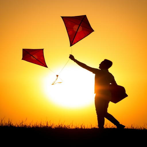 Generate a high-quality image of a silhouette of a person holding a kite against a sunset background, using a Canon EOS 5D Mark IV with a 50mm lens at f/1.8, ISO 100, shutter speed 1/200s, captured from a low angle with natural lighting to enhance contrast and vivid colors.