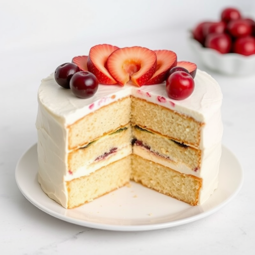 Create an image of a layered cake with a creamy filling and a fruit topping showing distinct layers of cake and filling with a slice removed revealing the interior details and a clean plate beneath.