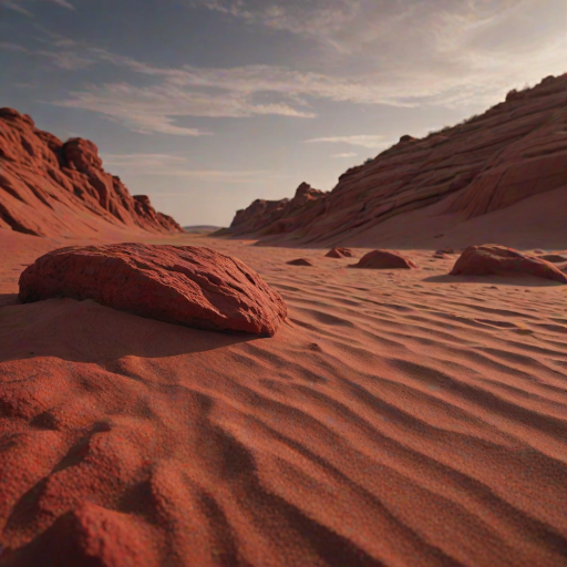 scenery, sand, rock, sky, red colors, depth of field, highly detailed, cinematic lighting, aesthetic
