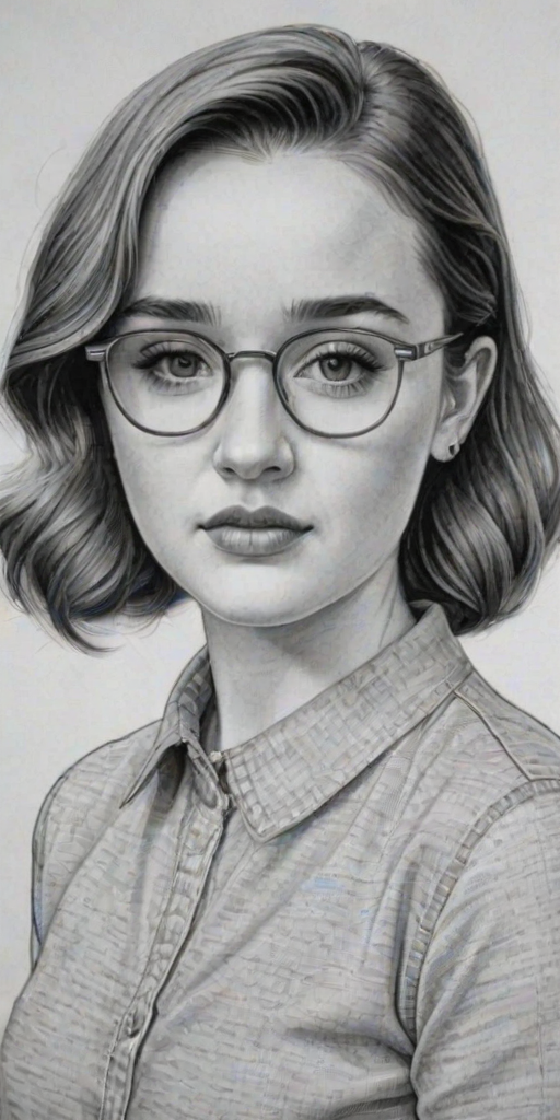 Dazzling Kaitlyn Dever, pencil sketch, portrait of Sublime woman 1954s in glasses, hair style beatnik, outline, clear lines, fine lines, 8k