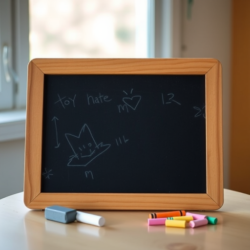 a wooden-framed chalkboard with an eraser and colorful chalk pieces beside it, captured with a Canon EOS 5D Mark IV at f/5.6, ISO 100, 1/125 sec, in natural light from a side window, using a portrait view for a detailed focus on the board and accessories