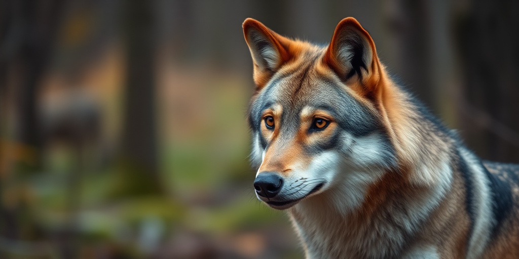 High-resolution image of a wolf in a natural forest setting, captured with a Canon EOS 5D Mark IV at f/4, ISO 400, 1/250s, using a 24-70mm lens in portrait view, with a shallow depth of field to enhance focus on the wolf's face and a soft blurred background.