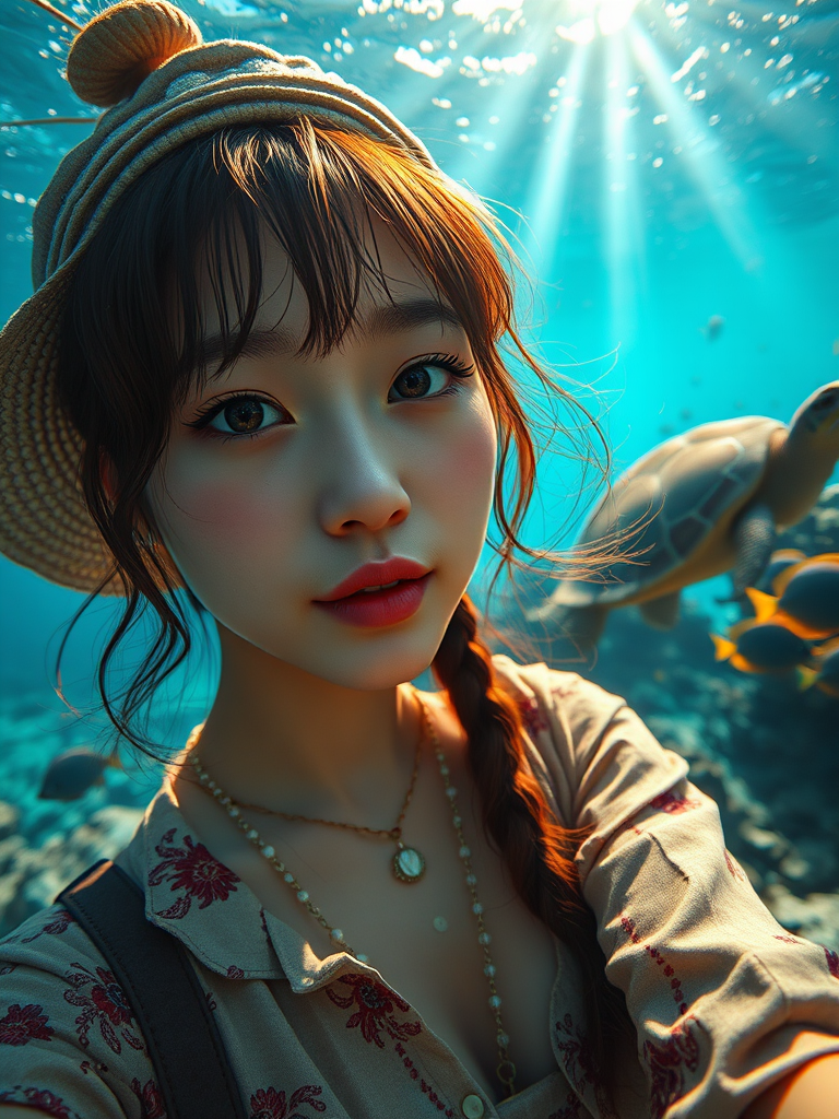 Realistic selfie image of a Asian, wearing a vintage outfit, detailed dreamy eyes, droopy hooded eyes, staring at the camera, taken underwater at coral reef with a sunbeam filtering through the water, vibrant, summer vacation, natural lighting, turtle and school of tropical fish with vibrant colors, rendered in the style of CryEngine, Pegi Nicol MacLeod, with realistic genre scenes, hauntingly beautiful narratives, ultra-realism, and Thomas Saliot's close-up technique, 8K resolution, crystal clear and sparkling water.