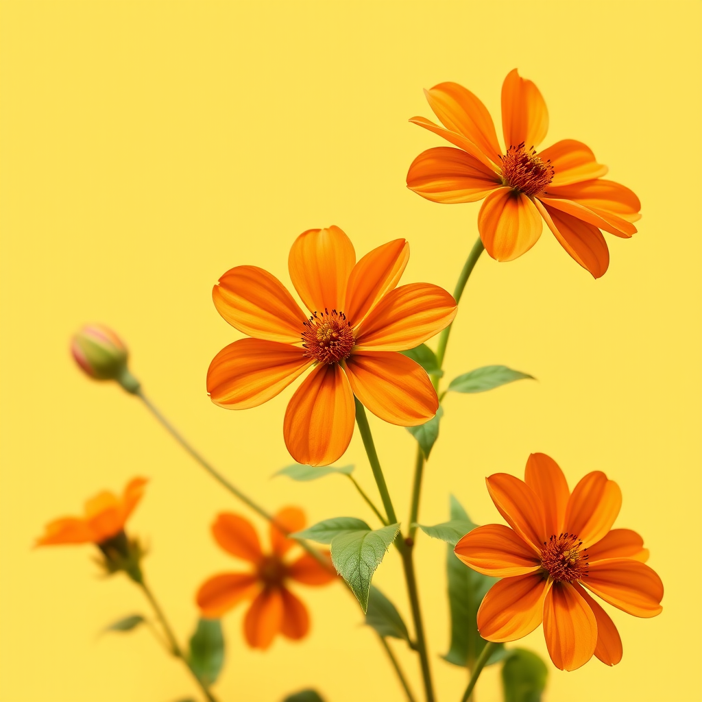 generate a vibrant illustration of orange flowers with green leaves against a solid yellow background, using a DSLR camera with a 50mm lens, f/2.8 aperture, ISO 100, shot at eye level for a sharp focus and enhanced depth of field