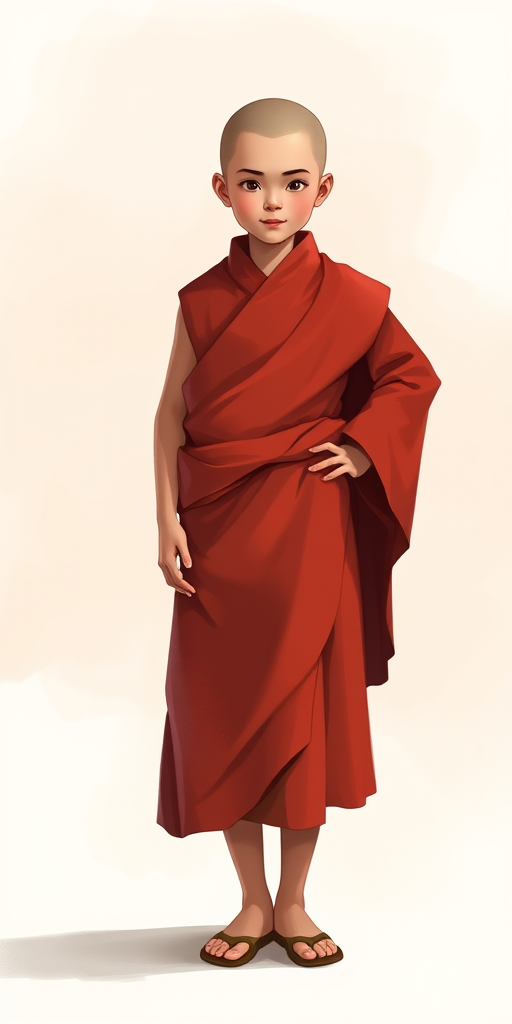 Create a digital illustration of a young monk in a red robe standing confidently with one hand on his hip, detail the background with soft gradients, use a DSLR camera with 50mm lens at f/1.8, ISO 400, and 1/100s shutter speed for a shallow depth of field to enhance clarity and focus on the monk.