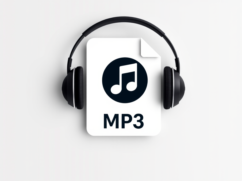 Create an image of an MP3 file icon with a pair of headphones, in a modern flat design, using a white background, high contrast colors, shot with a 50mm lens at f/2.8, ISO 100, in portrait orientation, using a digital camera.