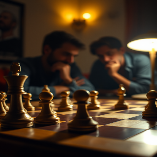 Warmly lit, close-up image of a wooden chessboard mid-game, soft light from a nearby lamp illuminating the chess pieces, with a faint reflection of two people deep in thought visible in the background.